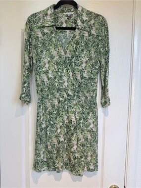 CAbi Green and Cream Leaf-Print Long-Sleeve Shirt Dress